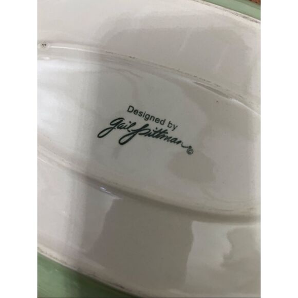 Gail Pittman Provence 14" Oval Serving Platter Flowers Green Bands Hand Painted - Picture 8 of 9